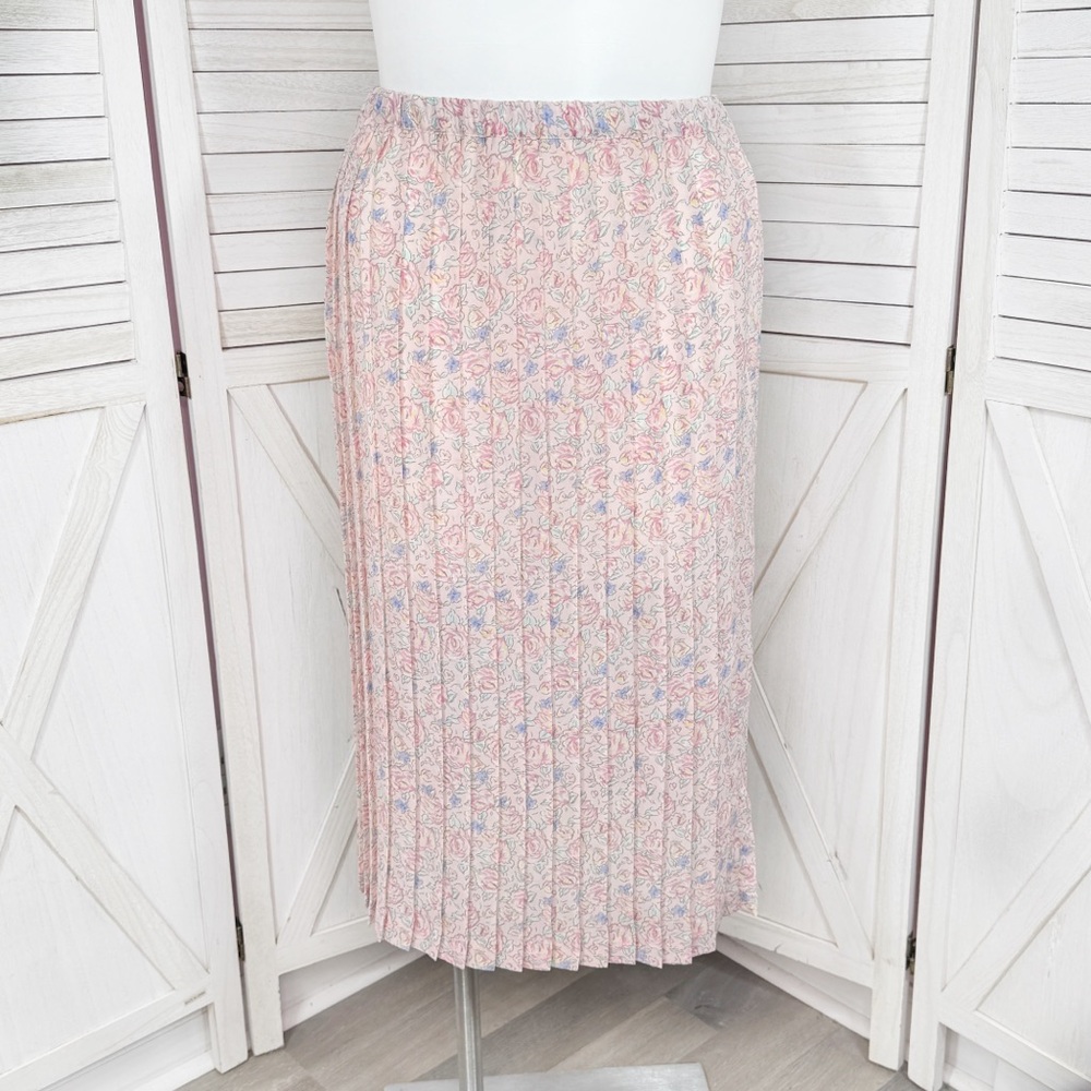 Vntg 90s Ms Chaus Floral Chiffon Pleated Midi Skirt Pink‎ Large Elastic Waist